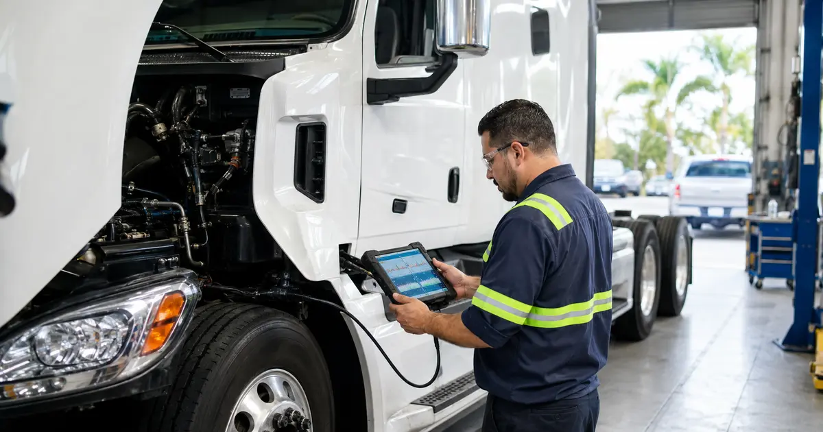 Commercial truck technician using diagnostic equipment on a heavy-duty truck
