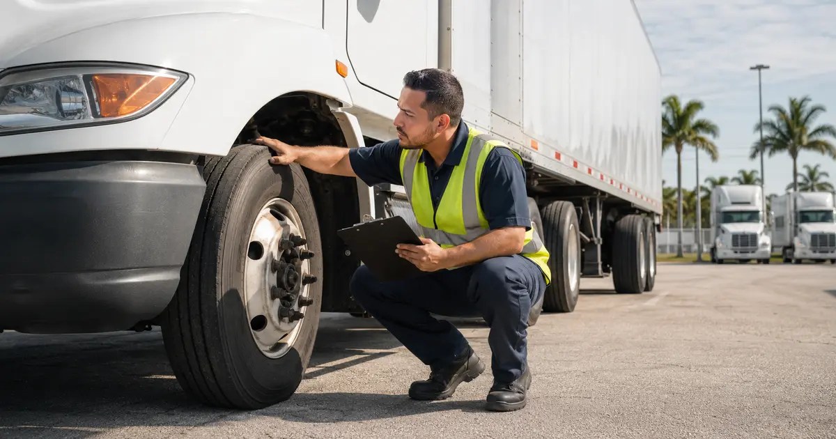 Inspector checking a commercial truck during an annual DOT inspection